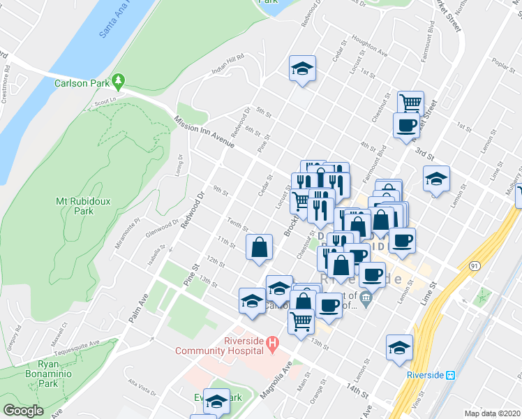 map of restaurants, bars, coffee shops, grocery stores, and more near 3873 Locust Street in Riverside