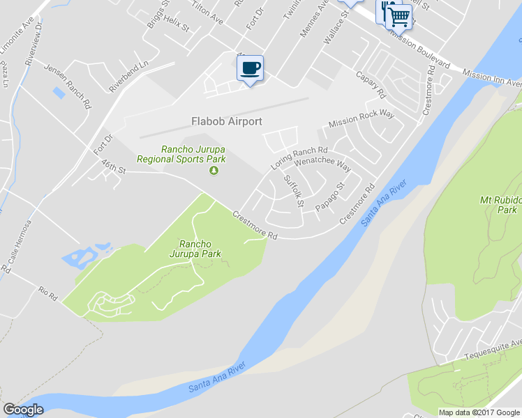 map of restaurants, bars, coffee shops, grocery stores, and more near 4429 Palamina Circle in Riverside