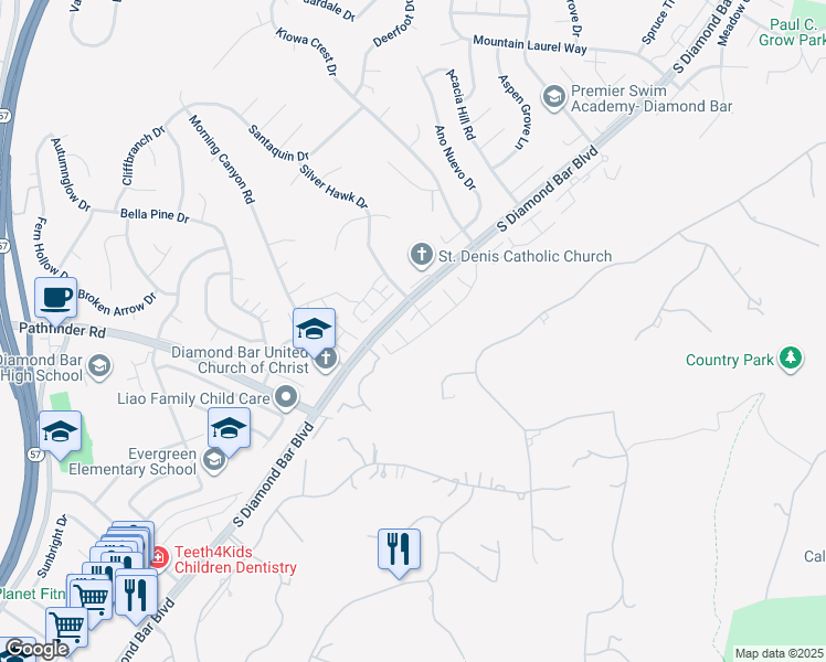 map of restaurants, bars, coffee shops, grocery stores, and more near 2201 Dublin Lane in Diamond Bar
