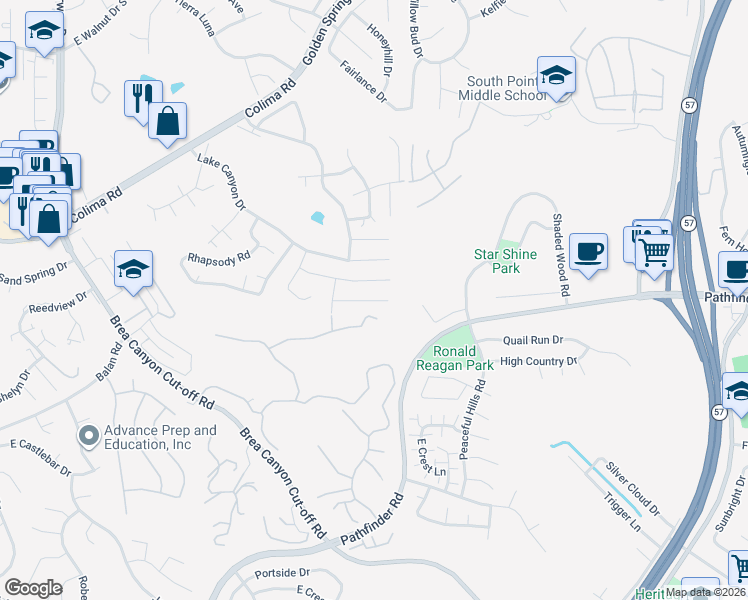 map of restaurants, bars, coffee shops, grocery stores, and more near 20544 Missionary Ridge Street in Walnut