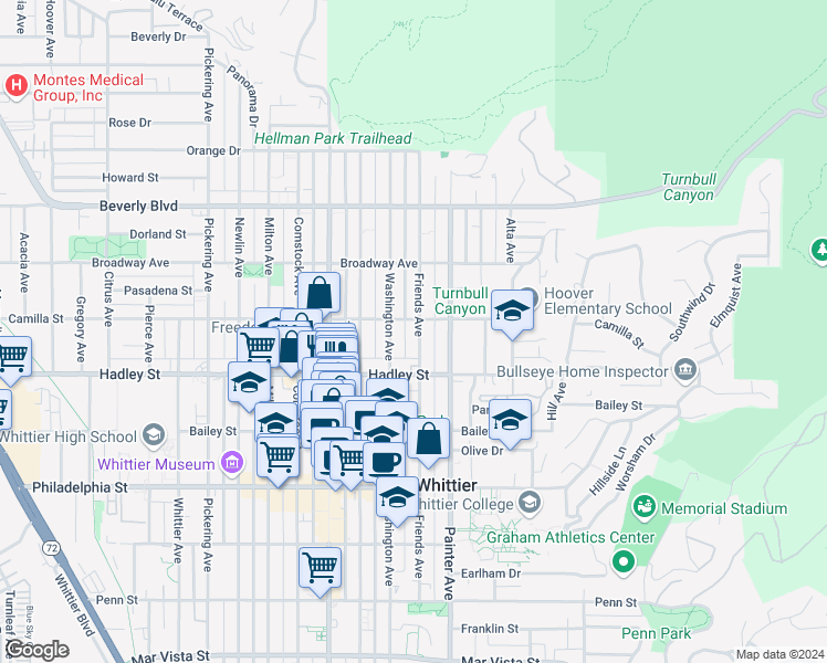 map of restaurants, bars, coffee shops, grocery stores, and more near 6314 Friends Avenue in Whittier