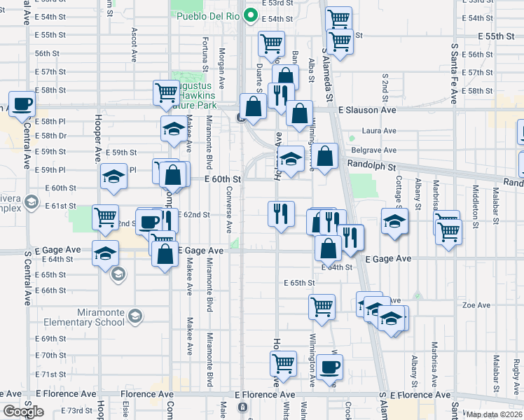 map of restaurants, bars, coffee shops, grocery stores, and more near 1743 East 62nd Street in Los Angeles