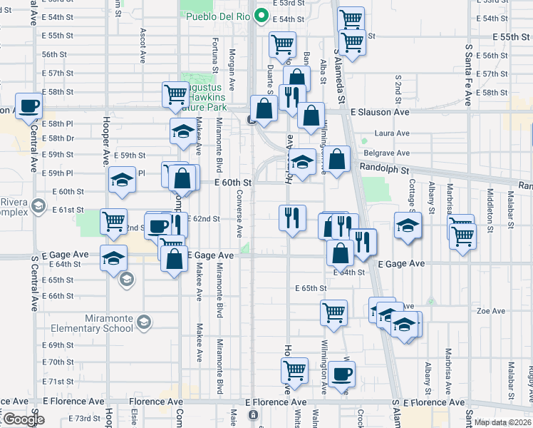 map of restaurants, bars, coffee shops, grocery stores, and more near 1743 East 62nd Street in Los Angeles
