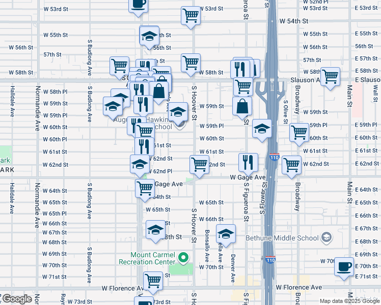 map of restaurants, bars, coffee shops, grocery stores, and more near 6100 South Hoover Street in Los Angeles