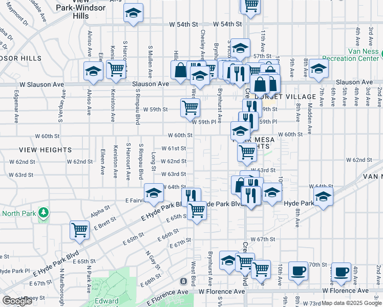 map of restaurants, bars, coffee shops, grocery stores, and more near 6110 West Boulevard in Los Angeles