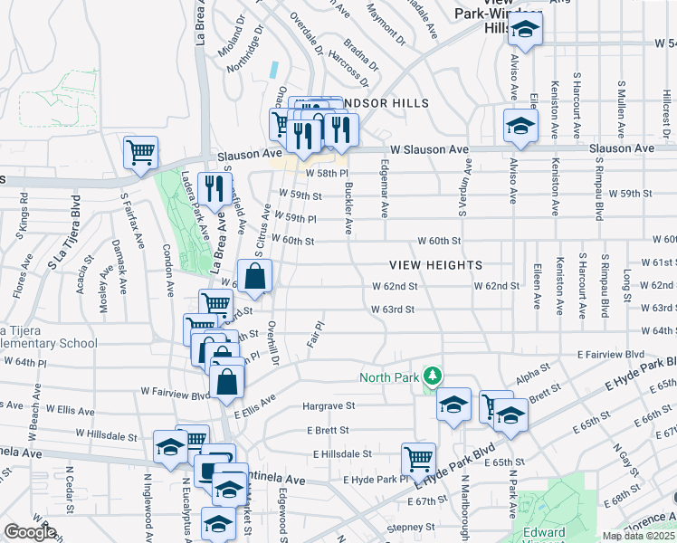 map of restaurants, bars, coffee shops, grocery stores, and more near 4436 West 61st Street in View Park-Windsor Hills