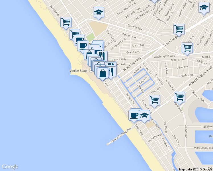 map of restaurants, bars, coffee shops, grocery stores, and more near 2000 Ocean Front Walk in Los Angeles