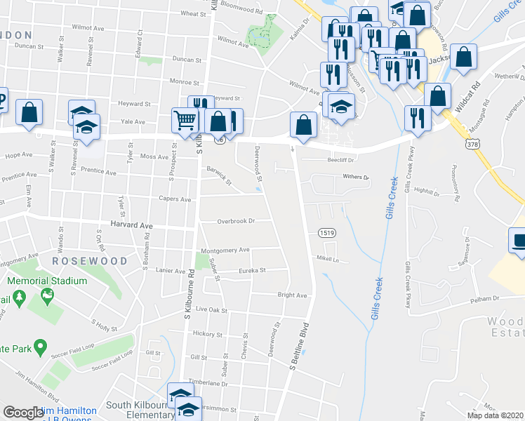 map of restaurants, bars, coffee shops, grocery stores, and more near 517 Deerwood Street in Columbia