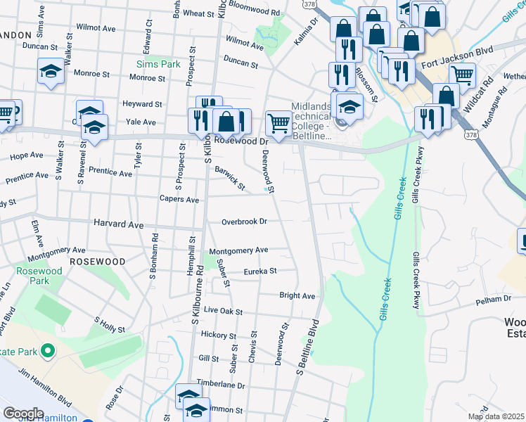 map of restaurants, bars, coffee shops, grocery stores, and more near 517 Deerwood Street in Columbia