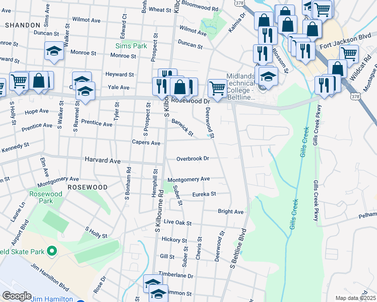 map of restaurants, bars, coffee shops, grocery stores, and more near 3849 Overbrook Drive in Columbia