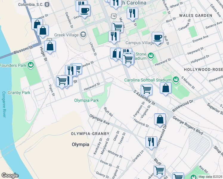map of restaurants, bars, coffee shops, grocery stores, and more near 35 Bluff Road in Columbia