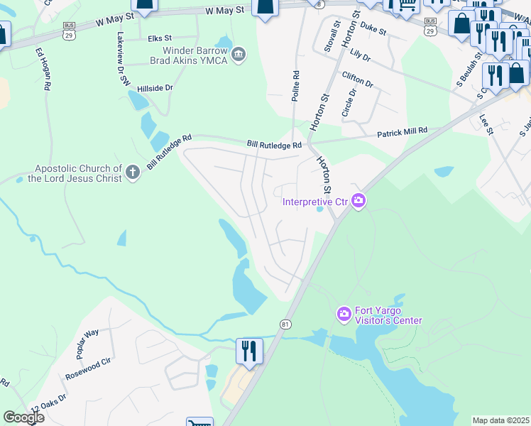 map of restaurants, bars, coffee shops, grocery stores, and more near 2133 Massey Lane in Winder