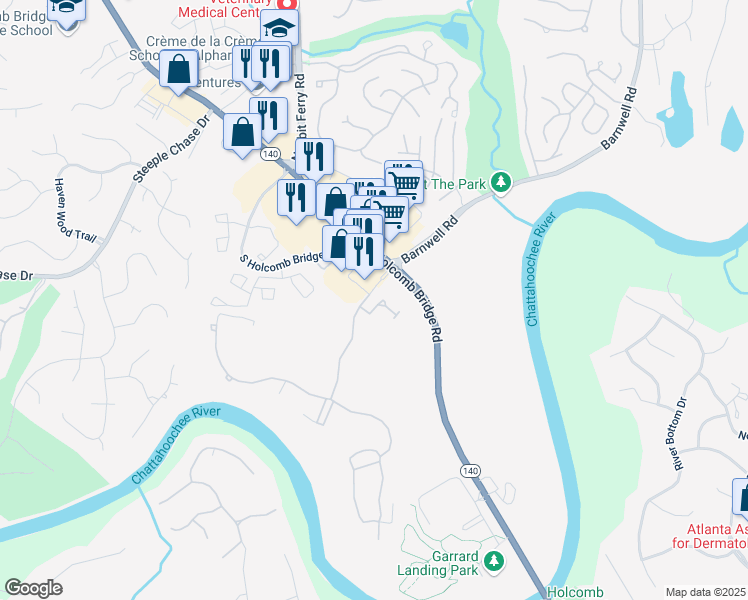 map of restaurants, bars, coffee shops, grocery stores, and more near 9056 Riverbend Manor in Alpharetta