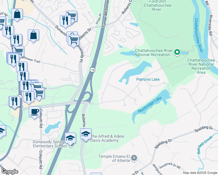 map of restaurants, bars, coffee shops, grocery stores, and more near 8380 Berkley Ridge Northeast in Atlanta
