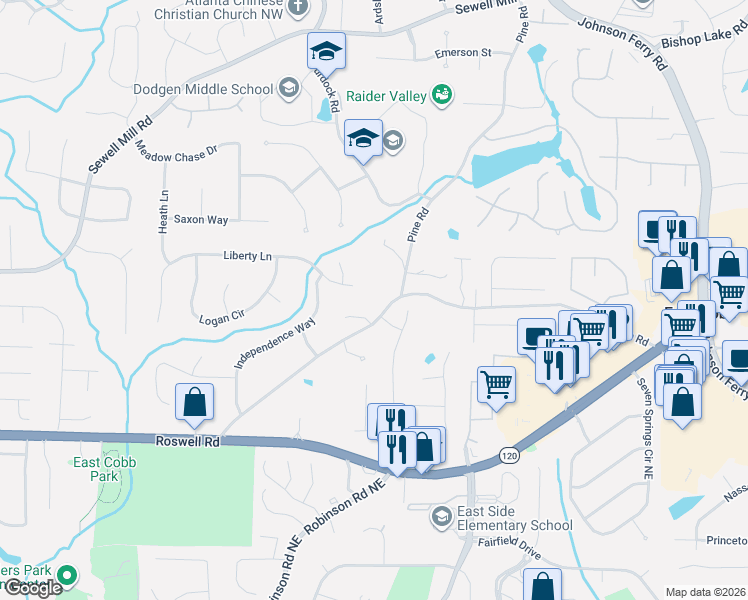 map of restaurants, bars, coffee shops, grocery stores, and more near 3753 Providence Road in Marietta