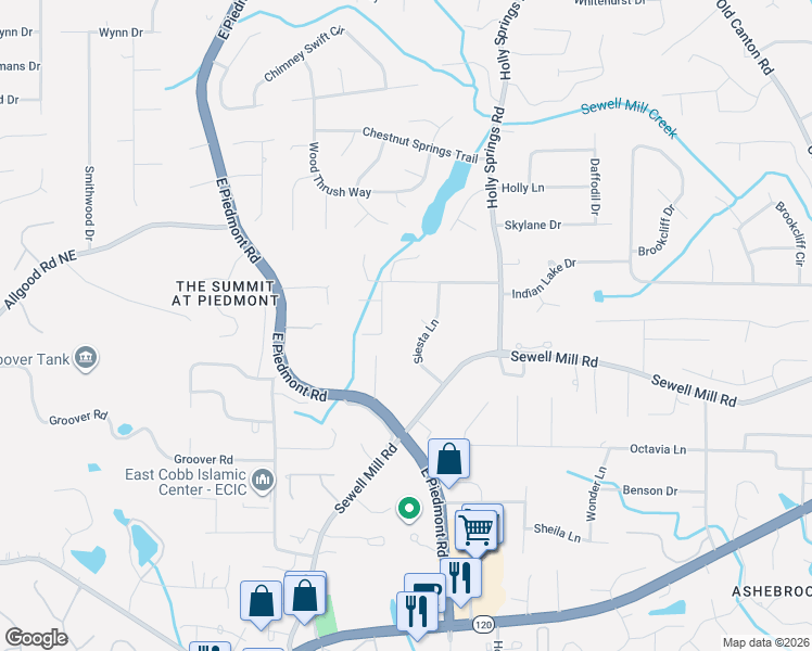 map of restaurants, bars, coffee shops, grocery stores, and more near 2417 Siesta Court in Marietta
