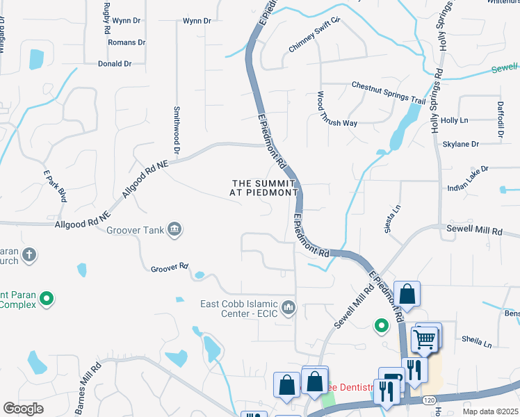 map of restaurants, bars, coffee shops, grocery stores, and more near 1345 Hilltop Overlook Drive in Marietta