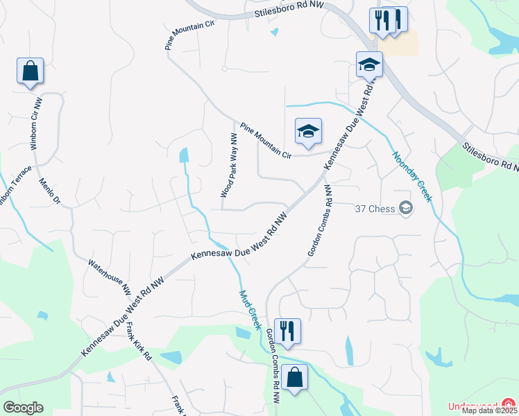 map of restaurants, bars, coffee shops, grocery stores, and more near 2859 Wood Park Trce Northwest in Kennesaw