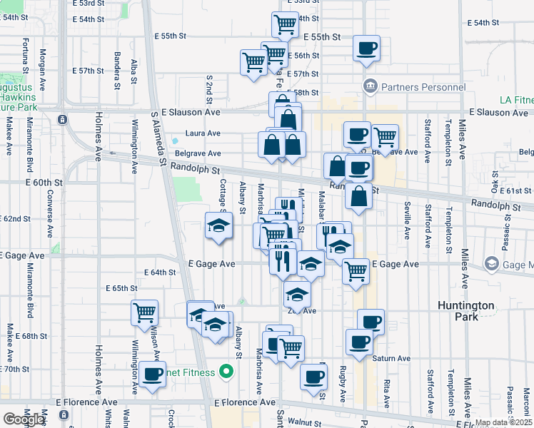 map of restaurants, bars, coffee shops, grocery stores, and more near 6222 Marbrisa Avenue in Huntington Park