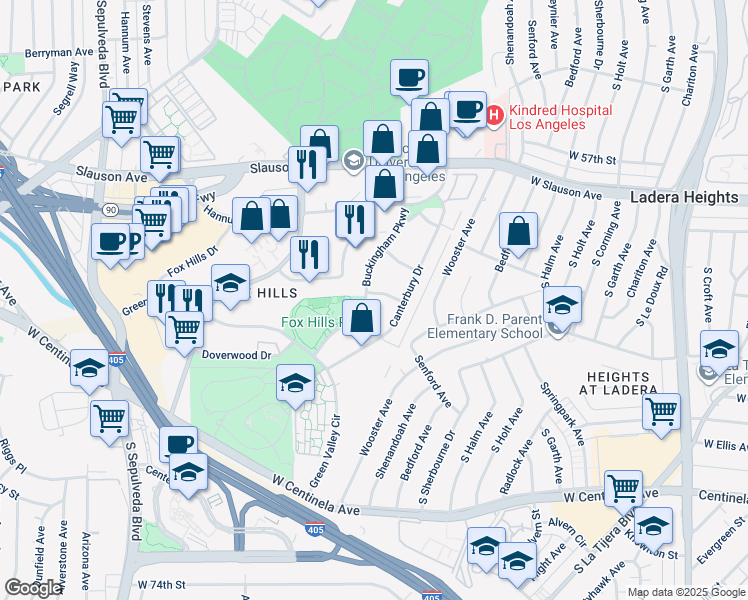map of restaurants, bars, coffee shops, grocery stores, and more near 6100 Buckingham Parkway in Culver City