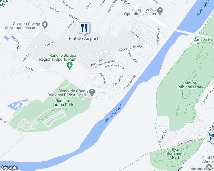 map of restaurants, bars, coffee shops, grocery stores, and more near 4326 Papago Street in Riverside