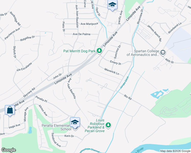 map of restaurants, bars, coffee shops, grocery stores, and more near 6078 Saddlehorn Lane in Riverside