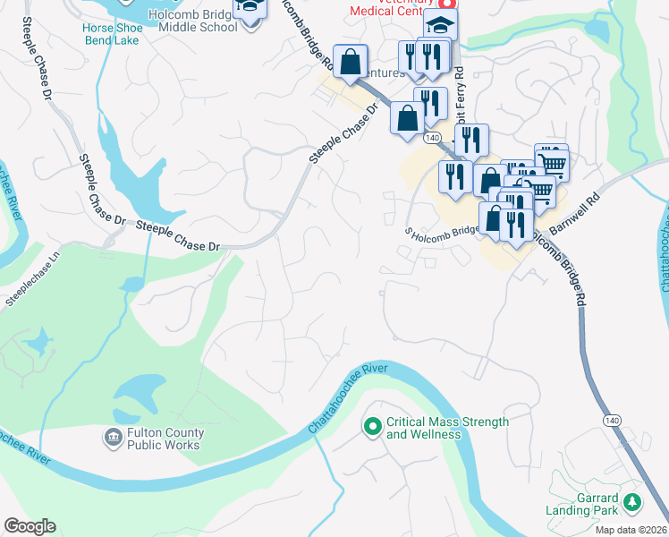 map of restaurants, bars, coffee shops, grocery stores, and more near 270 Merritt Drive in Roswell