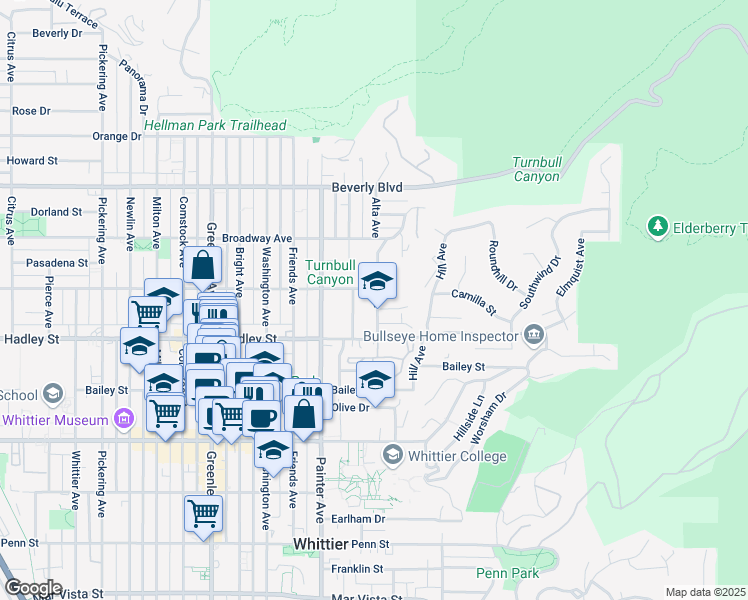 map of restaurants, bars, coffee shops, grocery stores, and more near 6311 Alta Avenue in Whittier
