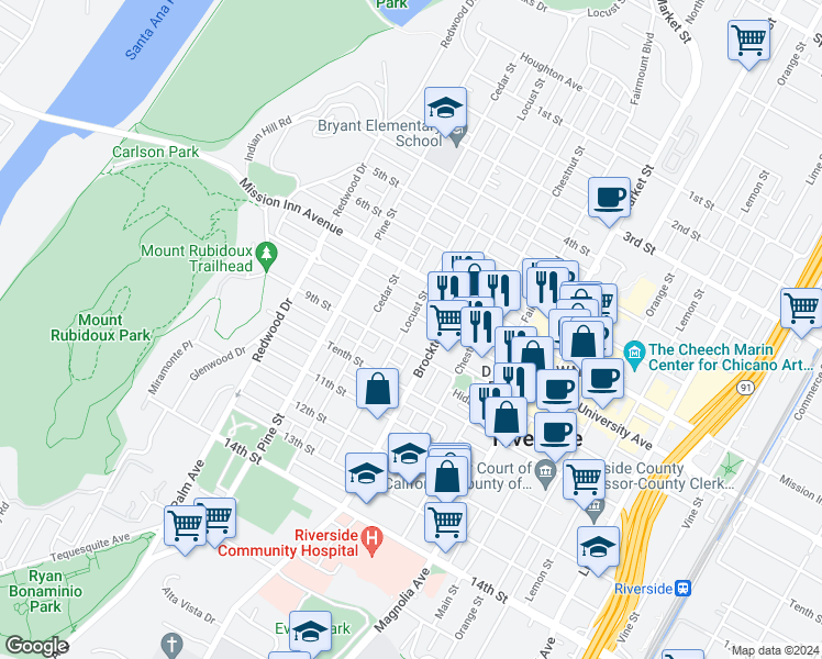 map of restaurants, bars, coffee shops, grocery stores, and more near 3840 Locust Street in Riverside
