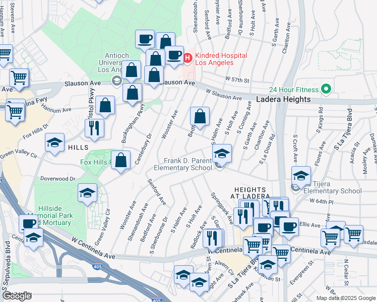 map of restaurants, bars, coffee shops, grocery stores, and more near 6150 Bedford Avenue in Los Angeles