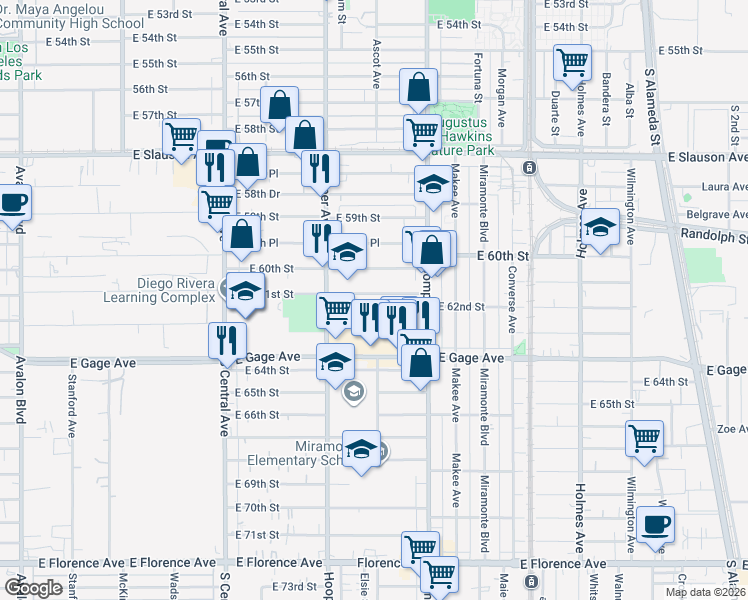 map of restaurants, bars, coffee shops, grocery stores, and more near 1364 East 61st Street in Los Angeles