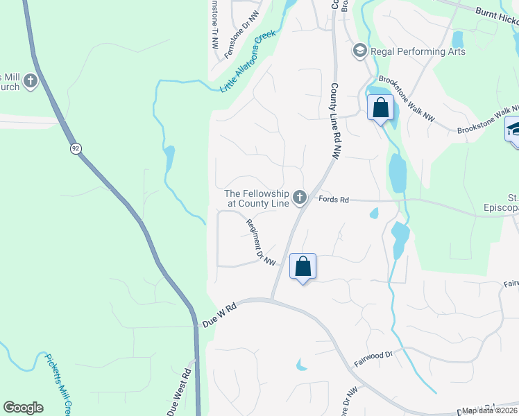 map of restaurants, bars, coffee shops, grocery stores, and more near 6416 Vicksburg Court Northwest in Acworth