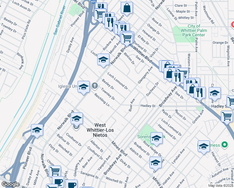 map of restaurants, bars, coffee shops, grocery stores, and more near 11026 Bexley Drive in Whittier