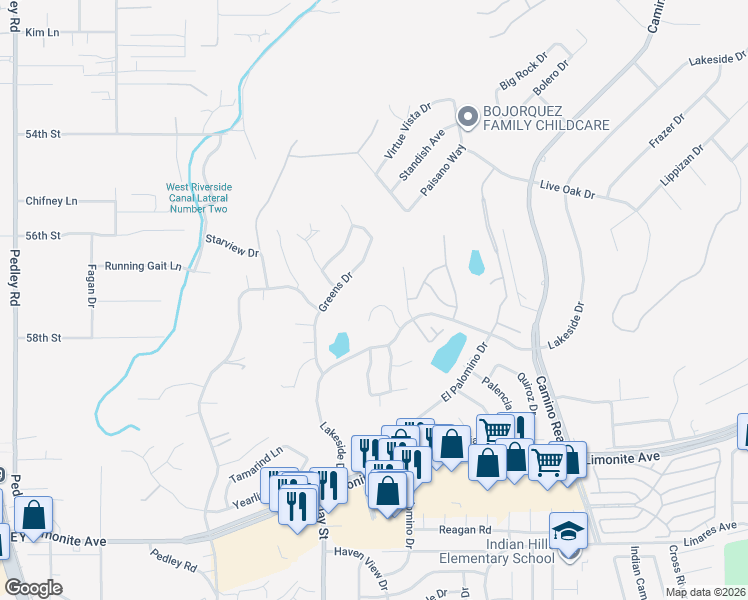 map of restaurants, bars, coffee shops, grocery stores, and more near 5680 Falling Leaf Lane in Riverside