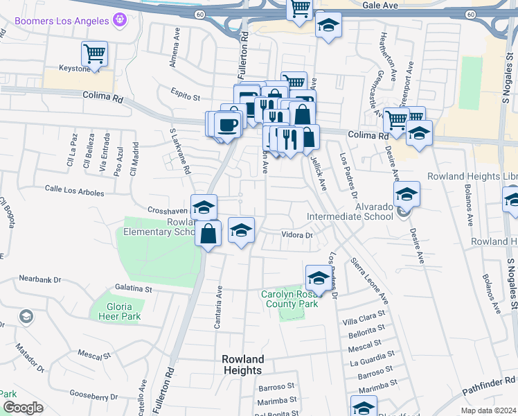 map of restaurants, bars, coffee shops, grocery stores, and more near 1935 Batson Avenue in Rowland Heights