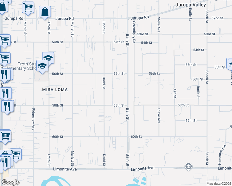 map of restaurants, bars, coffee shops, grocery stores, and more near 5759 Bain Street in Jurupa Valley