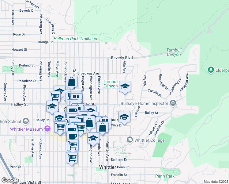 map of restaurants, bars, coffee shops, grocery stores, and more near 13422 Camilla Street in Whittier