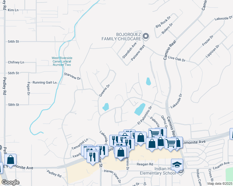 map of restaurants, bars, coffee shops, grocery stores, and more near 5680 Falling Leaf Lane in Riverside