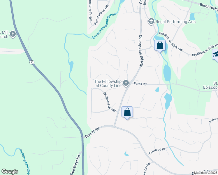 map of restaurants, bars, coffee shops, grocery stores, and more near 6420 Vicksburg Court Northwest in Acworth