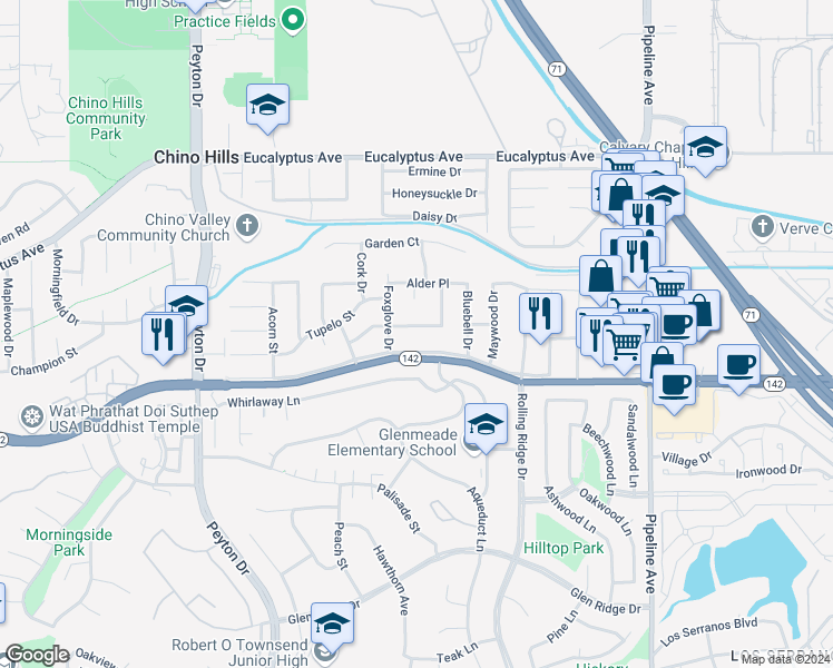 map of restaurants, bars, coffee shops, grocery stores, and more near 3685 Driftwood Street in Chino Hills