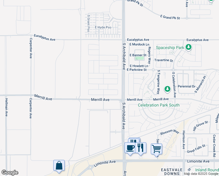 map of restaurants, bars, coffee shops, grocery stores, and more near 2647 East Mabel Lane in Ontario