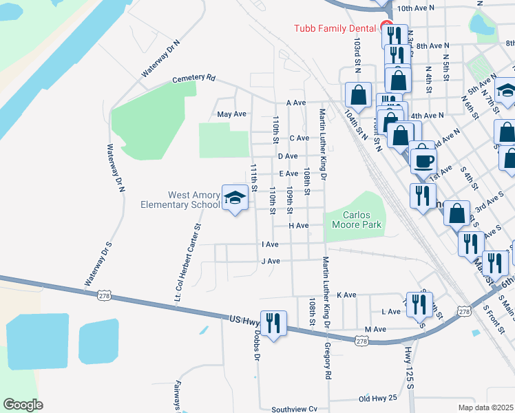 map of restaurants, bars, coffee shops, grocery stores, and more near 609 111th Street in Amory