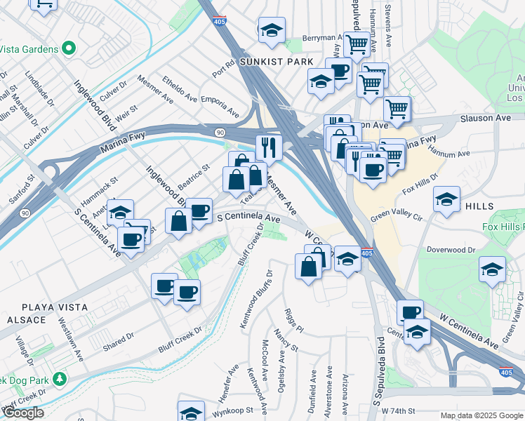 map of restaurants, bars, coffee shops, grocery stores, and more near 6822 South Centinela Avenue in Los Angeles
