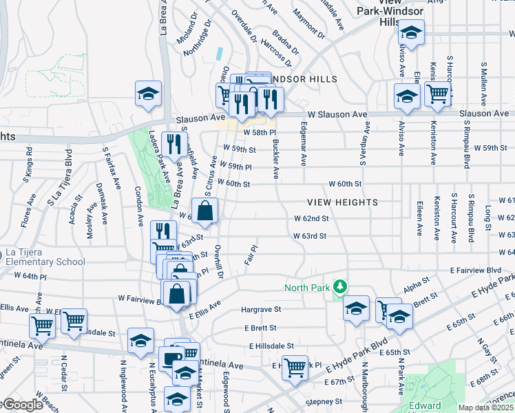 map of restaurants, bars, coffee shops, grocery stores, and more near 4436 West 61st Street in View Park-Windsor Hills