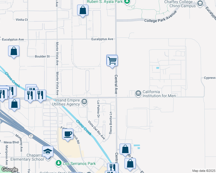 map of restaurants, bars, coffee shops, grocery stores, and more near 14822 Central Avenue in Chino