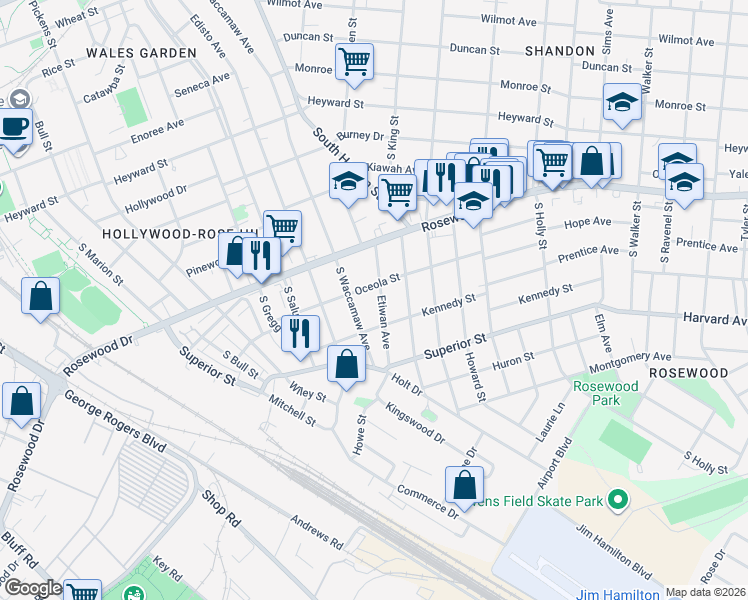map of restaurants, bars, coffee shops, grocery stores, and more near 513 Etiwan Avenue in Columbia