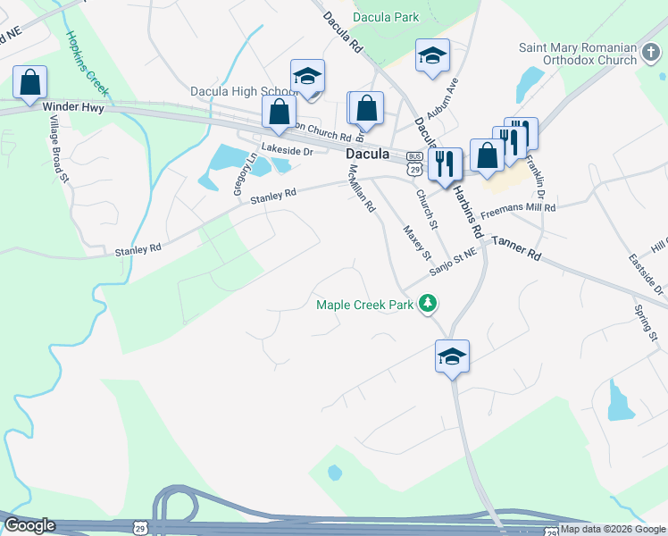 map of restaurants, bars, coffee shops, grocery stores, and more near 2400 Fortune Drive in Dacula