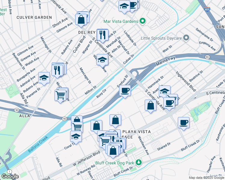 map of restaurants, bars, coffee shops, grocery stores, and more near 12502 Rosy Circle in Los Angeles