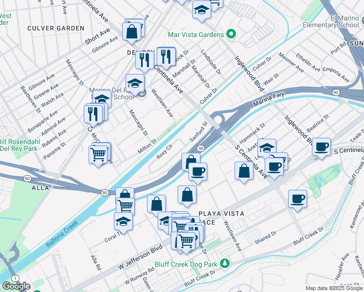 map of restaurants, bars, coffee shops, grocery stores, and more near 12502 Rosy Circle in Los Angeles