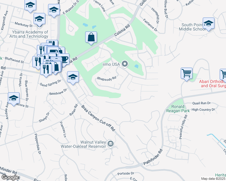 map of restaurants, bars, coffee shops, grocery stores, and more near 20232 Evening Breeze Drive in Walnut